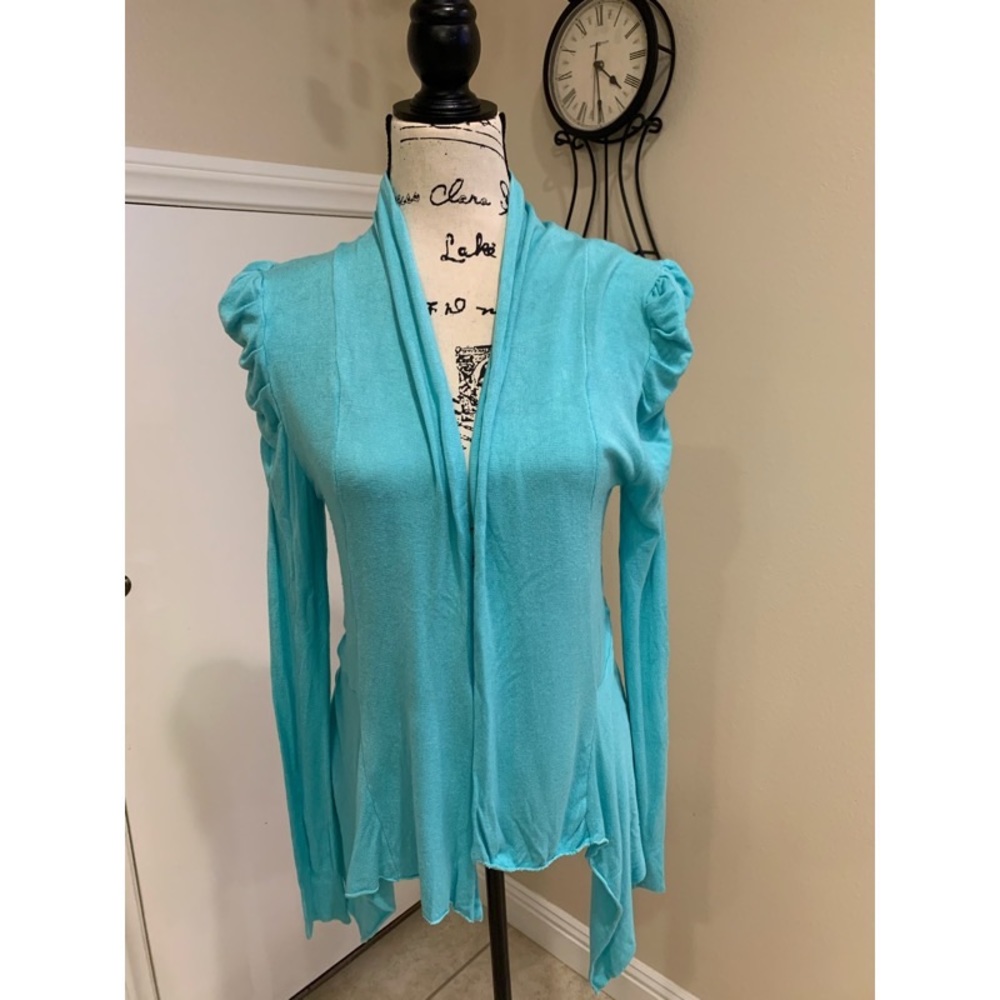Turquoise long sleeve puff sleeve cardigan